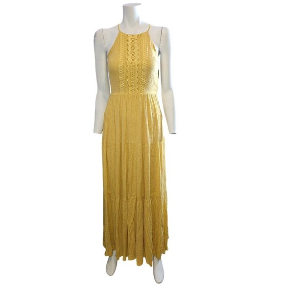 Lulus For Life Golden Yellow Embroidered Maxi Boho Flowy Dress Women XS - Picture 6 of 8